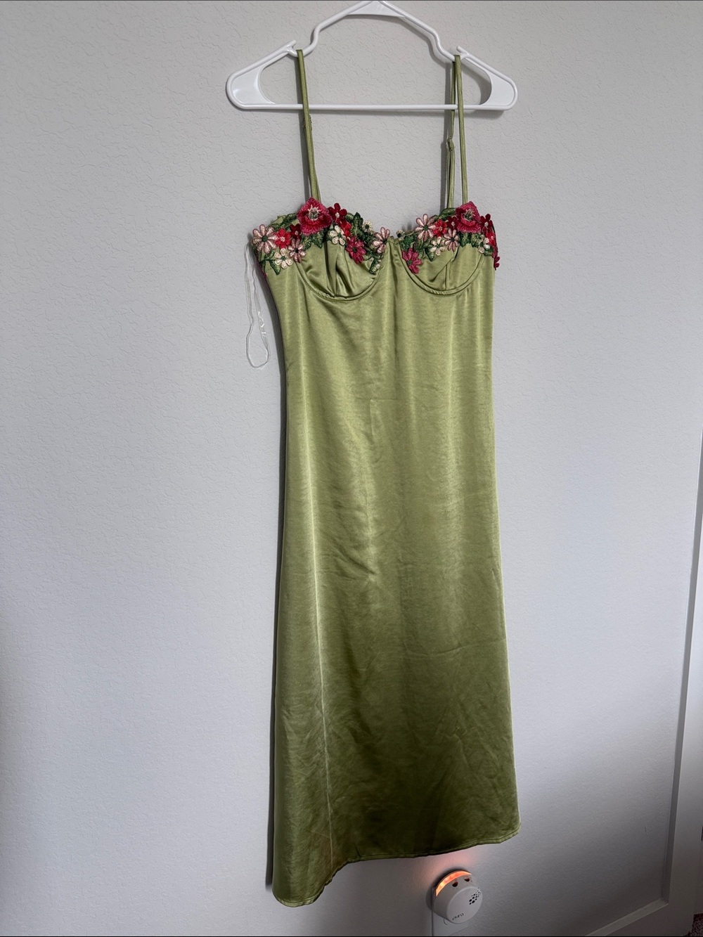 Fashion Nova Olive Satin Slip Dress with Pink & Red Floral Embroidery
